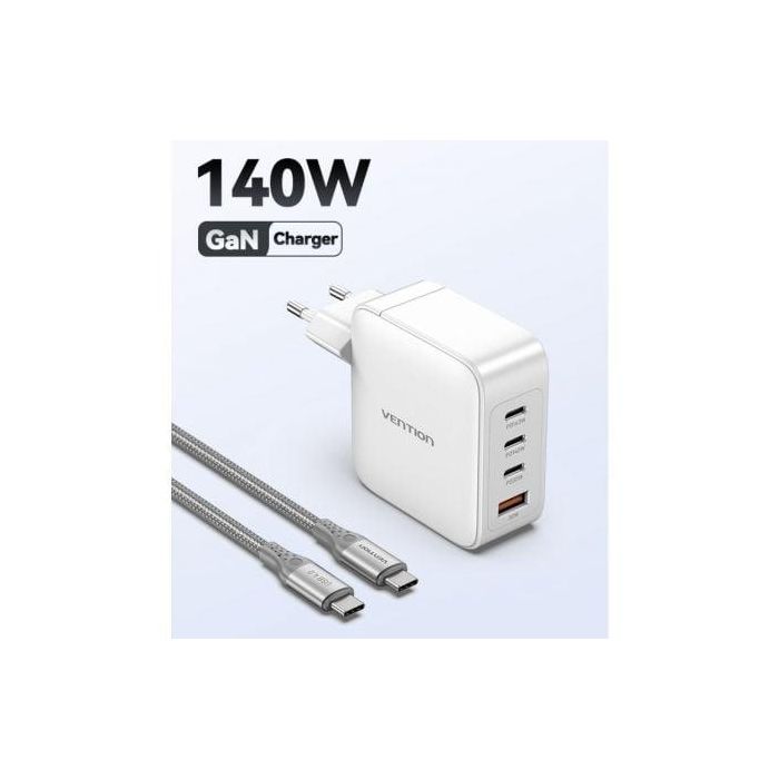 Vention FEIW0-EU Cargador de Pared GaN 140W con 4 Puertos: 3 USB-C (hasta 140W) y 1 USB-A (hasta 18W) para Carga Simultánea 3 Vention FEIW0-EU Cargador de Pared GaN 140W con 4 Puertos: 3 USB-C (hasta 140W) y 1 USB-A (hasta 18W) para Carga Simultánea 3