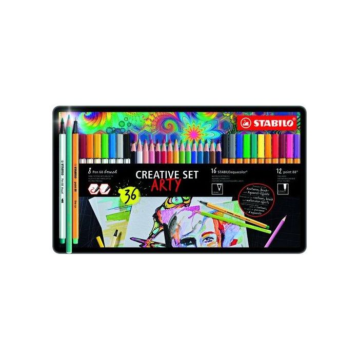 Stabilo Creative Set Arty - 12 Rotuladores Point 88, 8 Pen 68 Brush, 16 Aquacolor en Caja de Metal 36 Ud