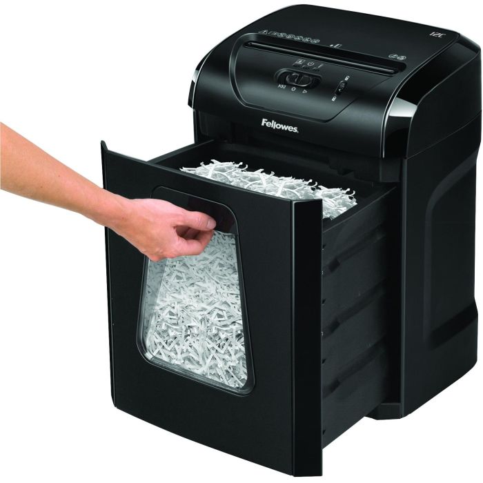 Fellowes 12C Destructora de Papel Corte Partículas 4x40mm P-4 para 12 Hojas, Papelera 19L, Grapas y Tarjetas, Hogar/Oficina Negra 5