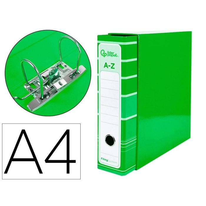 Archivador De Palanca Liderpapel A4 Filing System Forrado Sin Rado Lomo 80 mm Verde Con Caja Y Compresor Metalico