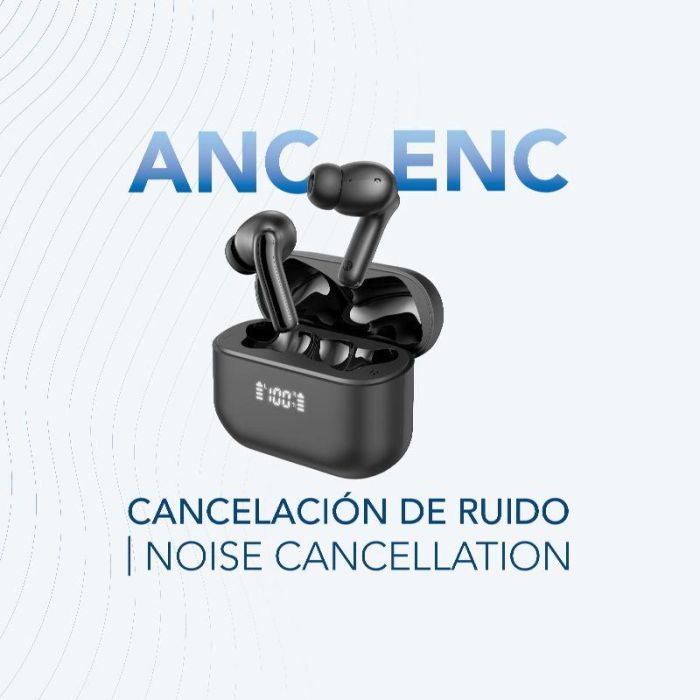 Daewoo Auriculares TWS Inalámbricos Bluetooth 5.4 Negro, Cancelación Activa de Ruido (ANC) y ENC, Pantalla Nivel de Carga, 35mAh auricular, 450mAh estuche