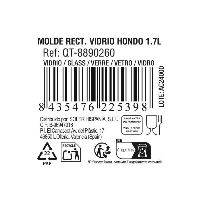 Molde rectangular de vidrio hondo Quttin 28.2 x 11.6 x 7.7 cm 1.7L (6 Unidades) 4 Molde rectangular de vidrio hondo Quttin 28.2 x 11.6 x 7.7 cm 1.7L (6 Unidades) 4