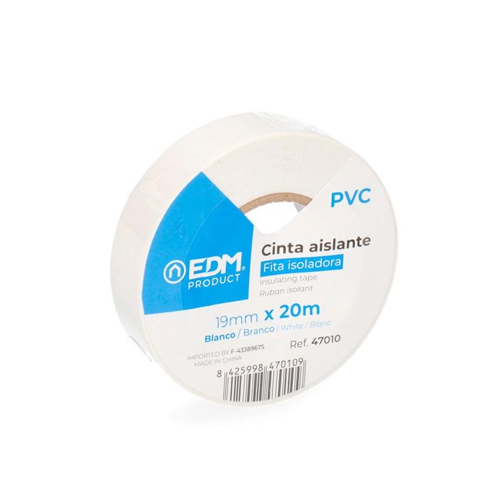 Edm Cinta aislante PVC "Supra" blanca 19 mm x 20 m resistente a la intemperie para electricidad 0.15 mm grosor 0 Edm Cinta aislante PVC "Supra" blanca 19 mm x 20 m resistente a la intemperie para electricidad 0.15 mm grosor 0