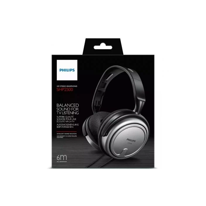 Philips Auriculares Intrauditivos SHP2500/10 Jack 3.5mm Grises Sonido para TV y Música Conexión Cable 6m Control Volumen