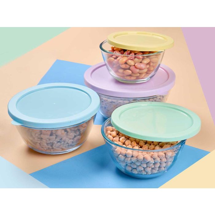 Set 4 Fiambreras Vivalto Borosilicate 800ml, 1L, 1.6L, 2.1L - Vidrio Transparente, Azul, Amarillo, Lila, Verde - 21.5x20.7x21.5 cm (4 Unidades) 4 Set 4 Fiambreras Vivalto Borosilicate 800ml, 1L, 1.6L, 2.1L - Vidrio Transparente, Azul, Amarillo, Lila, Verde - 21.5x20.7x21.5 cm (4 Unidades) 4