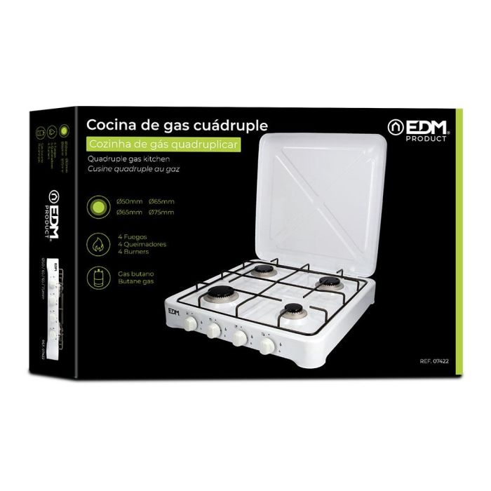 Edm Cocina de Gas Esmaltada 4 Fuegos, Blanco, 57x52x7.5cm, 5850W 1 Edm Cocina de Gas Esmaltada 4 Fuegos, Blanco, 57x52x7.5cm, 5850W 1