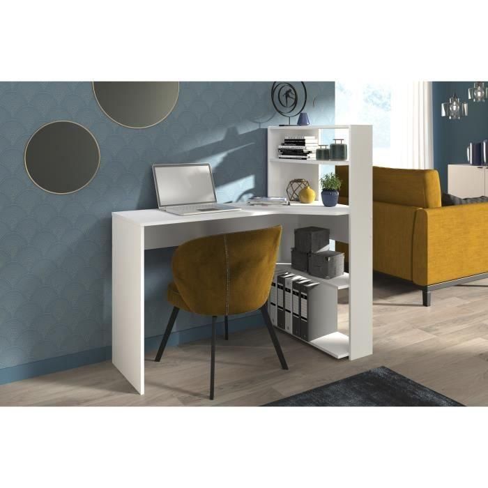 Parisot JUNIO Escritorio Esquinero Aglomerado Blanco Contemporáneo con Bandeja y 2 Estantes L 122 x P 64 x H 121 cm 3 Parisot JUNIO Escritorio Esquinero Aglomerado Blanco Contemporáneo con Bandeja y 2 Estantes L 122 x P 64 x H 121 cm 3