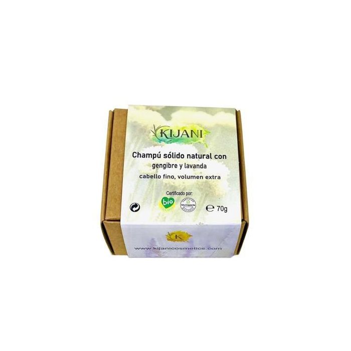 KIJANI Champú Sólido Cabello Fino 70g Fortificante Volumen con Lavanda y Jengibre, Cosmética Ecológica Certificada