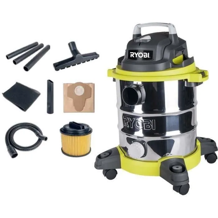Ryobi Aspirador en seco y húmedo RVC-1220I-G - 20L - 1250W - Tanque de acero inoxidable