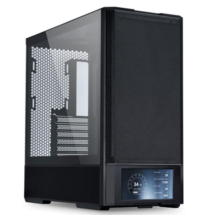 Lian Li LAN207DX Caja Gaming Lancool Negra con Pantalla Integrada de 6 Pulgadas, Panel de Vidrio Templado y USB-C, Soporte ATX