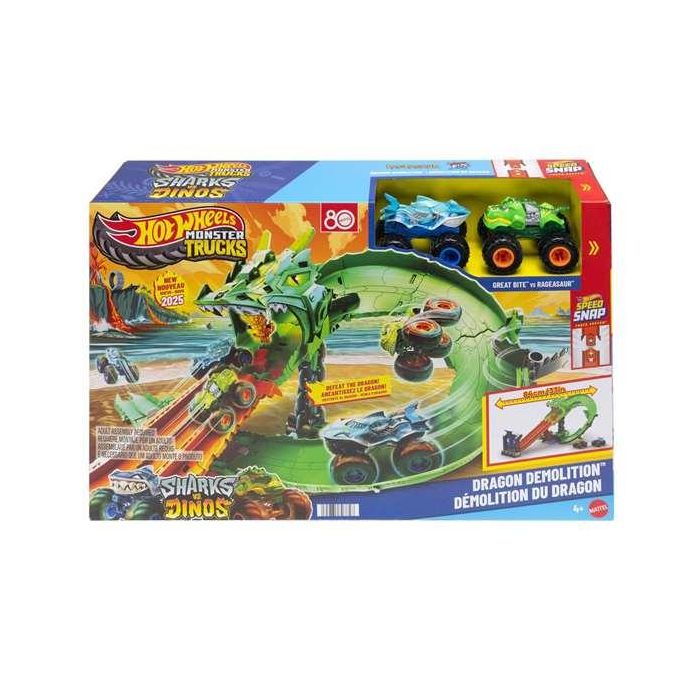 Hot Wheels Monster Trucks Pista Dragon Destruction Sharks vs Dinos. Incluye 2 Coches. Medidas: 53,34x60x35,56 cm. Edad 4+ años Hot Wheels Monster Trucks Pista Dragon Destruction Sharks vs Dinos. Incluye 2 Coches. Medidas: 53,34x60x35,56 cm. Edad 4+ años