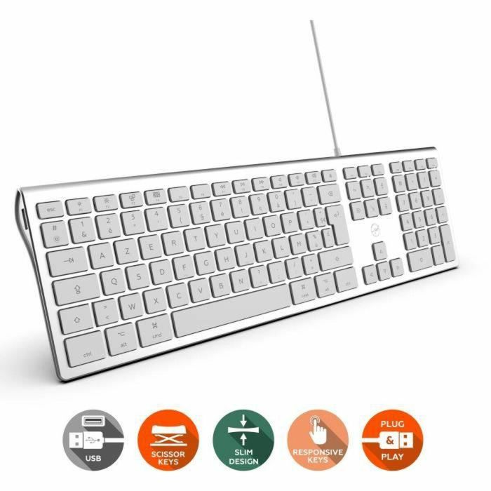 MOBILITY LAB ML304304 - Teclado de diseño táctil con cable con 2 USB para Mac - AZERTY - Blanco y plateado 1