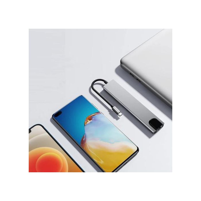 Ewent EW1146 Base Docking USB-C Multipuerto 8 en 1 con HDMI 4K, Power Delivery 87W, LAN Gigabit, USB, Lector SD/MicroSD Gris Aluminio 2