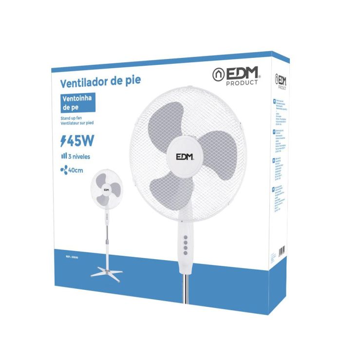 Ventilador de pie. color blanco. potencia: 45w aspas: ø40cm altura regulable 105-125cm edm 2