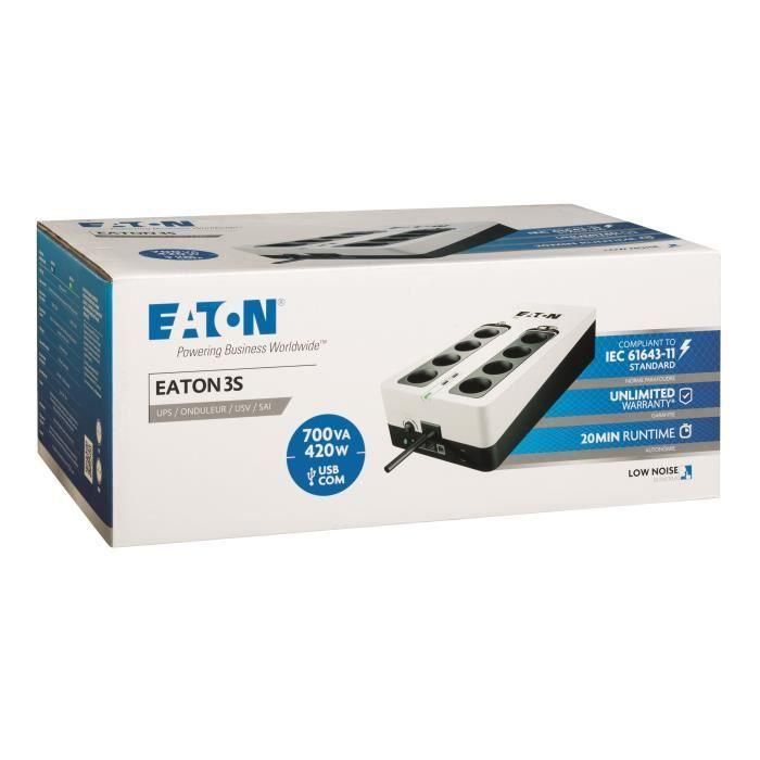 Eaton 3S 700 FR Inversor UPS Offline 700VA / 420W con Enchufes Tipo FR y Puerto USB 2 Eaton 3S 700 FR Inversor UPS Offline 700VA / 420W con Enchufes Tipo FR y Puerto USB 2