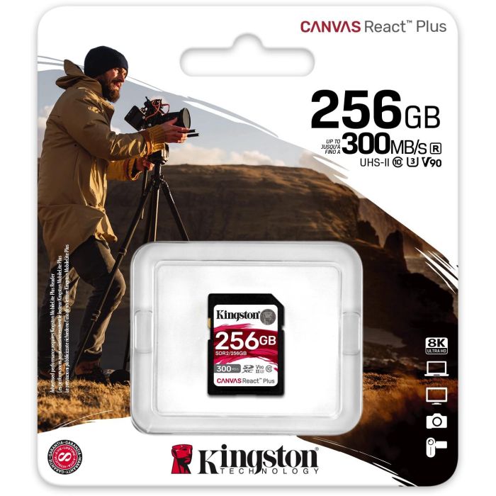 Kingston Tarjeta SDXC Canvas React Plus 256GB UHS-II U3 V90 300MB/s Lectura 260MB/s Escritura 2