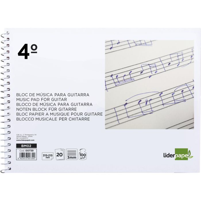 Bloc Musica Liderpapel Para Guitarra Hexagrama 3 mm Cuarto 20 Hojas 100 gr-M2 2