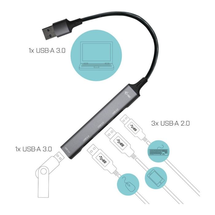 I-Tec HUB USB 3.0 Metálico con 1x USB 3.0 y 3x USB 2.0, Cable 0.19m I-Tec HUB USB 3.0 Metálico con 1x USB 3.0 y 3x USB 2.0, Cable 0.19m