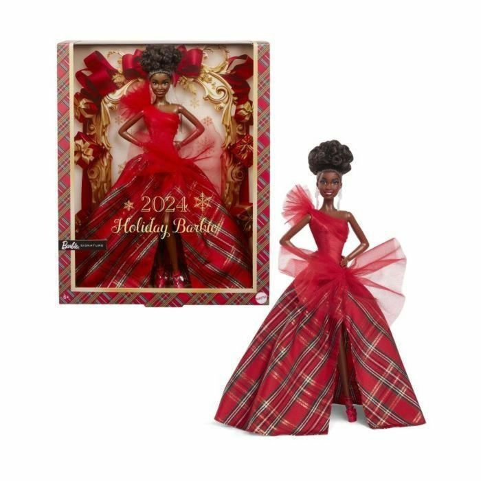 Barbie HRM62 Muñeca Colección Feliz Navidad Cabello Castaño, Vestido Rojo de Satén con Falda Cuadros y Lazo Grande