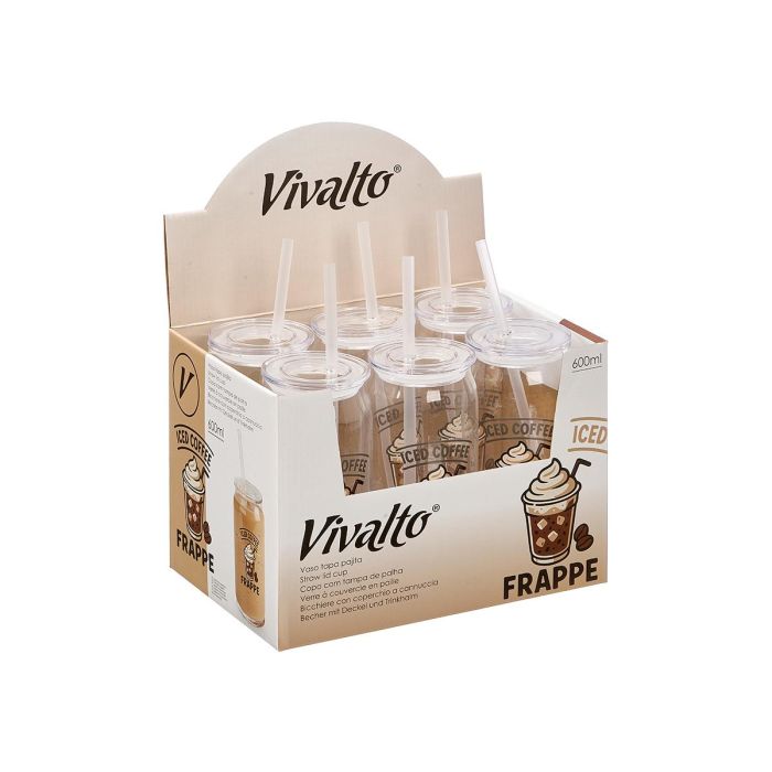 Vivalto Vaso de Cristal con Tapa y Pajita para Café, 600 ml, Transparente, 7.6x16.7x7.6 cm (Set de 24) 2