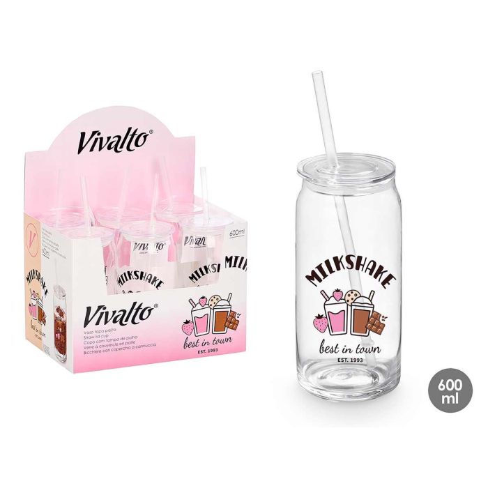 Vaso con tapa y pajita de cristal para milkshake 600 ml Vivalto - 7.6x16.7x7.6 cm (24 Unidades) Vaso con tapa y pajita de cristal para milkshake 600 ml Vivalto - 7.6x16.7x7.6 cm (24 Unidades)