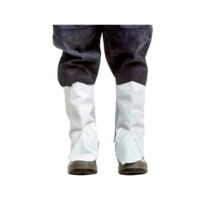 Faru Polaina para soldador de cuero al cromo, ajustable con velcro y hebilla, 40 cm, protección seguridad trabajo 3