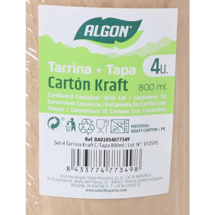 Algon Set 4 Tarrinas Kraft con Tapa 800 ml - 11.5 x 12 x 11.5 cm (12 Unidades)