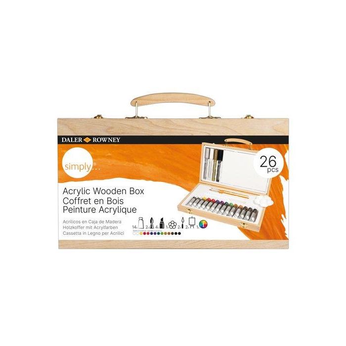 Pintura Acrilica Daler Rowney Simply Caja De Madera De 26 Piezas (Incluye 14X Tubos , 2X Pinceles, 4 X Rotuladores, Papel De Dibujo Acrilico Y Paleta Para Mezclas)