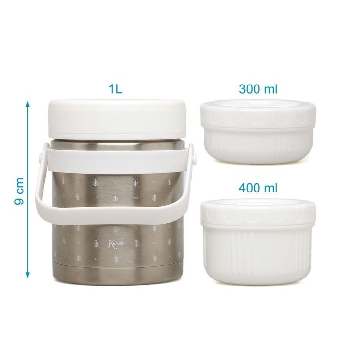 KioKids Termo de Alimentos Sólidos y Papillas Doble Recipiente 300ml+400ml Acero Inoxidable 304 Frío 24h Calor 12h Blanco 3