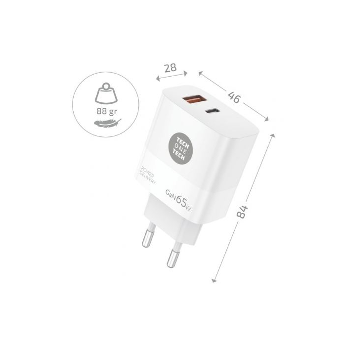 Cargador Gan de Pared Tech One Tech GaN TEC2270/ 1xUSB Tipo-C/ 1x USB/ 65W 1