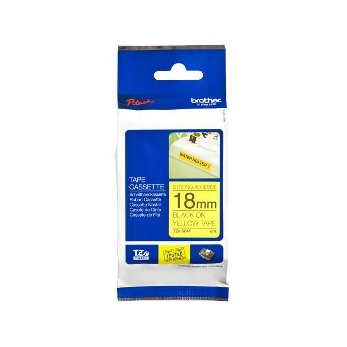 Brother TZeS641 Cinta Rotuladora Laminada Súper Adhesiva Texto Negro Sobre Amarillo 18mm x 8m