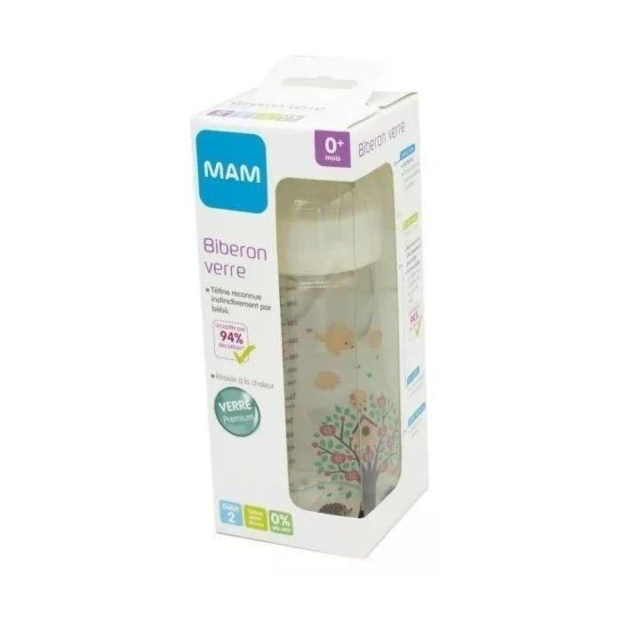 MAM Flow Teat 2 Biberón de Vidrio Premium 260 ml 0-6 Meses Blanco con Tetina Ultra Suave y Cuello Ancho Resistente al Calor 1