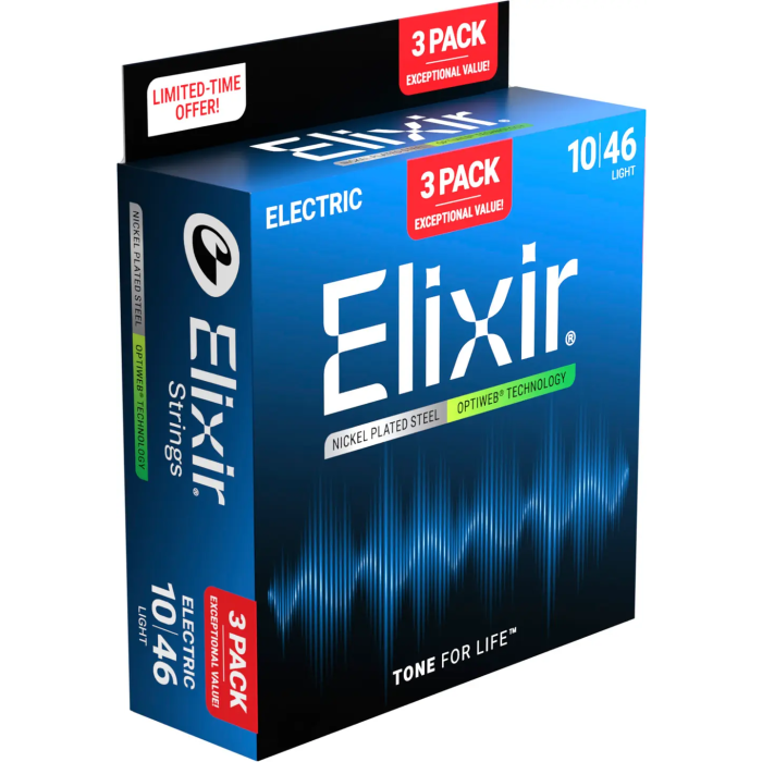 Elixir Cuerdas Guitarra Eléctrica Nickel Plated Steel con Recubrimiento OPTIWEB Calibre 10-46 - Pack 3 1