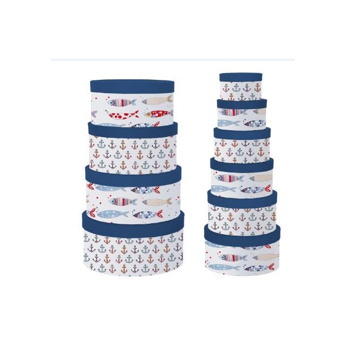 DKD Home Decor Caja de Cartón Colección Costa Peces Tema Atlántico Azul Marino Blanco 37.5x37.5x18 cm Set de 10