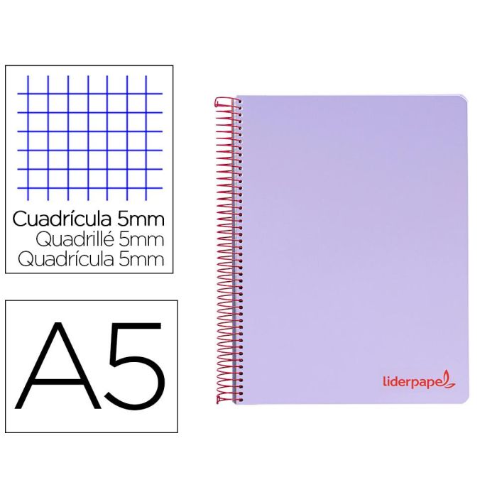 Cuaderno Espiral Liderpapel A5 Micro Wonder Tapa Plastico 120H 90 gr Cuadro 5 mm 5 Bandas 6 Taladros Color Violeta