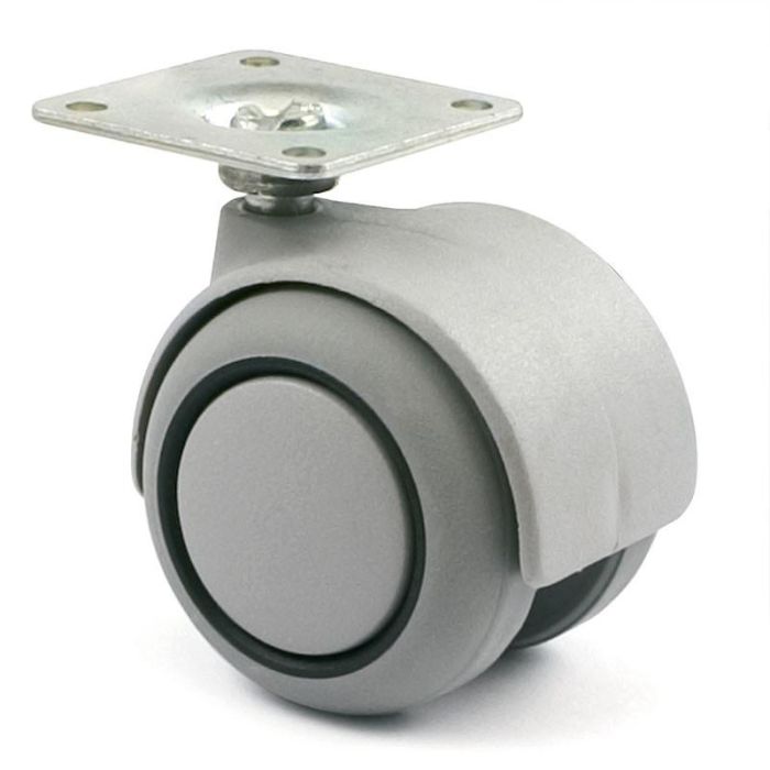 Q&Q ONIX PL Rueda Giratoria Ø50mm Sin Freno, con Placa, Banda de Rodadura de Goma, Soporte Poliamida, Carga 40kg, Gris/Negro