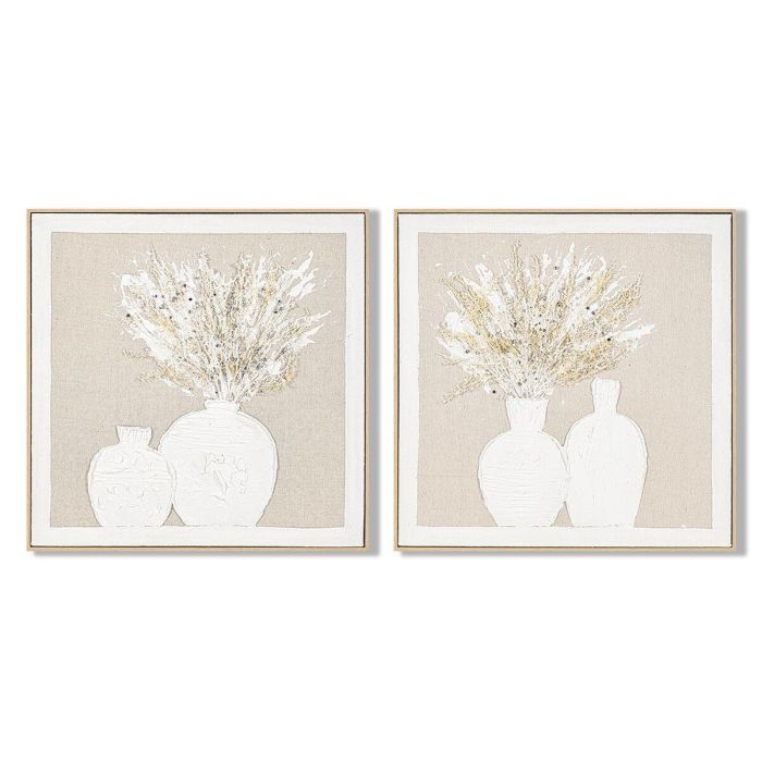 DKD Home Decor Cuadro Cottage Lienzo MDF Blanco Beige 62x62 cm (2 Unidades) Decoración Pared con Jarrones