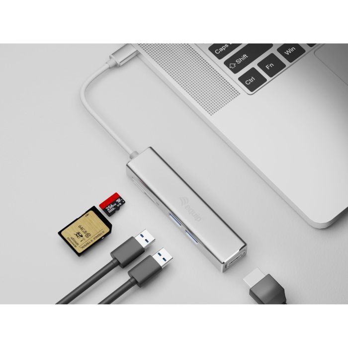 EQUIP Adaptador USB-C a HDMI, 2xUSB 3.0, SD Lector Tarjetas, 4K 30Hz, Color Plata, 0.15m 1