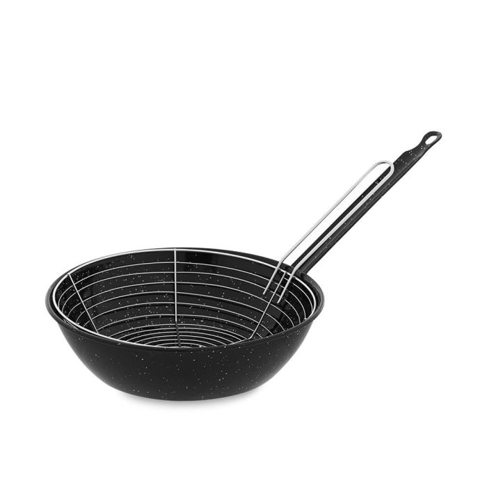 Vaello Sartén Freidora con Cestillo Ø26 cm, Acero Laminado Recubierto de Esmalte, Negro, para Fuego y Horno