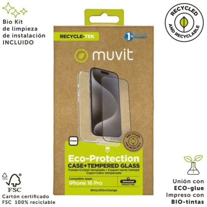 Muvit Funda Recycletek para Apple iPhone 16 con Protector de Pantalla y Kit de Limpieza Bio Sostenible 1