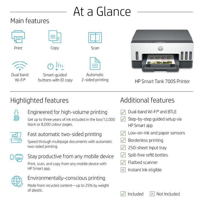 HP Smart Tank 7005 Impresora Multifunción 3 en 1 A4 Dúplex, Tinta, Bluetooth, WiFi 5 HP Smart Tank 7005 Impresora Multifunción 3 en 1 A4 Dúplex, Tinta, Bluetooth, WiFi 5