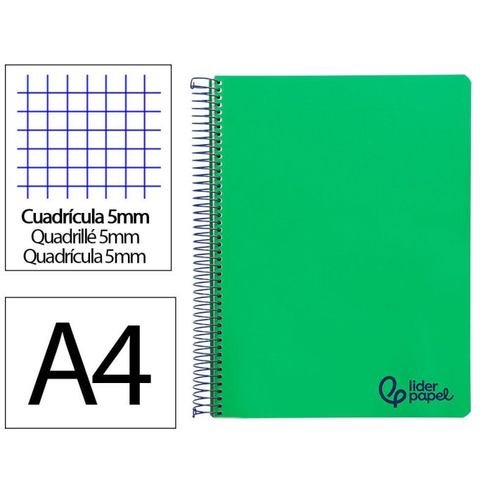 Cuaderno Espiral Liderpapel A4 Micro Wonder Tapa Plastico 120H 90 gr Cuadro 5 mm 5 Bandas 4 Taladros Color Verde Oscuro