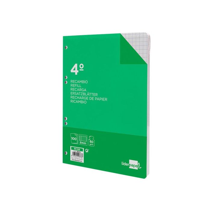 Recambio Liderpapel Cuarto 100 Hojas 60 gr-M2 Cuadro 8 mm Con Margen 6 Taladros 2