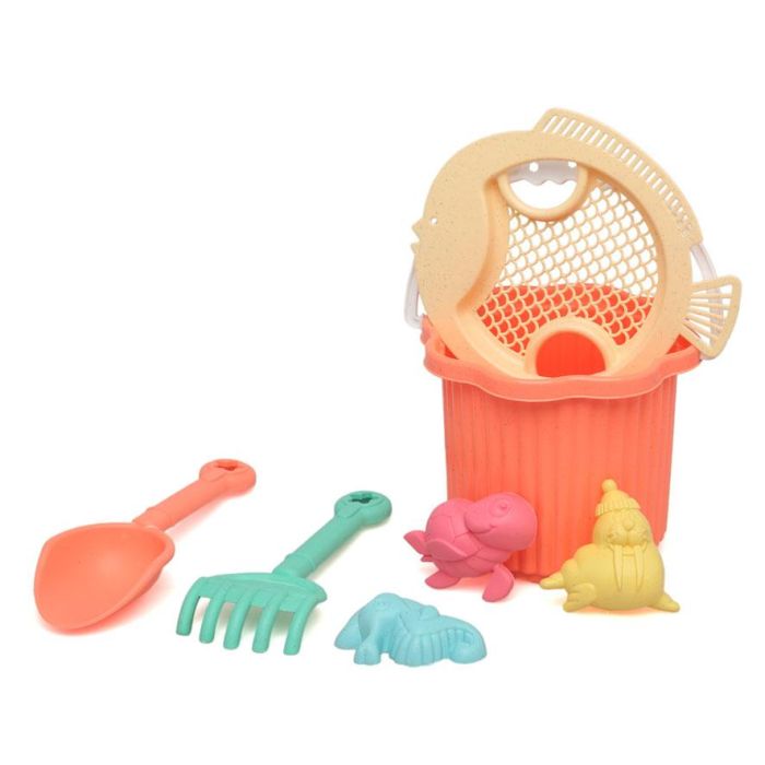 KioKids Set de Cubo de Playa Coral con 7 Piezas para Bebés, Incluye Cubo, Pala, Rastrillo, Tamiz y Moldes de Arena con Formas Marinas