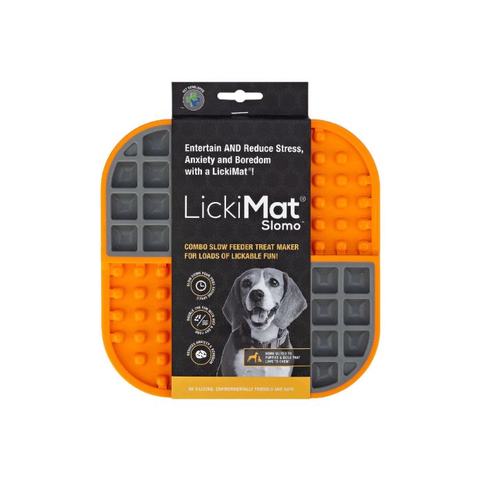 Lickimat Perro Slomo Naranja - Alfombrilla interactiva para perros con doble superficie, ideal para ansiedad y entrenamiento. 1