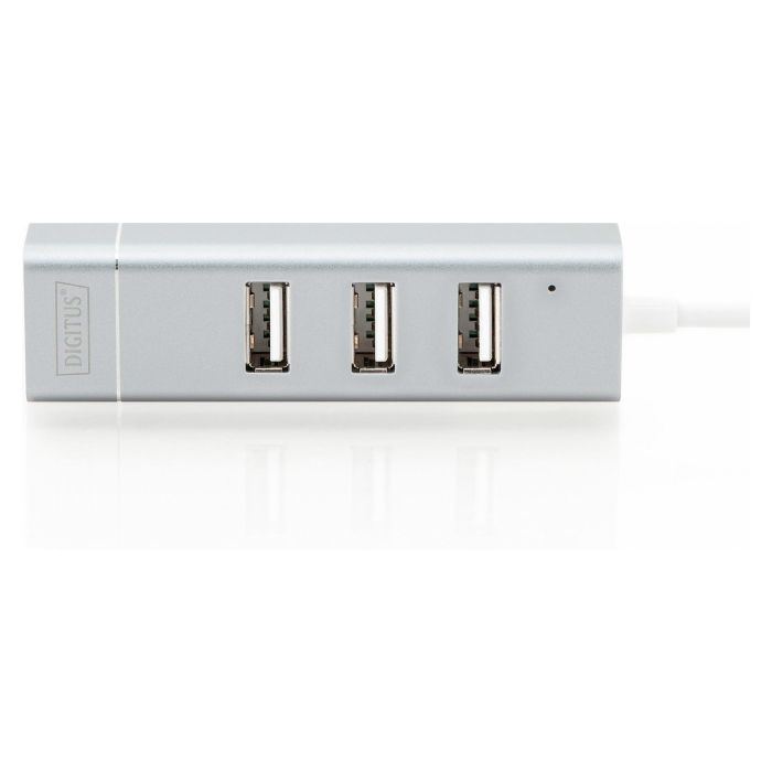 Digitus Adaptador USB 2.0 a RJ45 Ethernet y Hub de 3 Puertos, Conexión Type-C, Aluminio