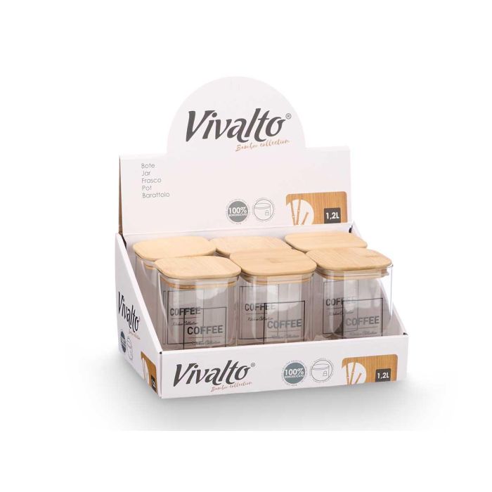 Bote Cuadrado Borosilicato Tapa Bambu Coffee 1,2L Vivalto 10X15CM (12 Unidades) 1 Bote Cuadrado Borosilicato Tapa Bambu Coffee 1,2L Vivalto 10X15CM (12 Unidades) 1