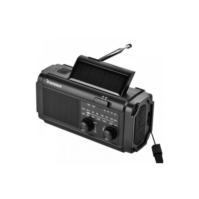 Sunstech Radio Portátil RPE25BK Negra AM/FM, Linterna LED, Alarma SOS, Power Bank, Carga Solar y Manivela, 2000 mAh, Ideal Camping 1