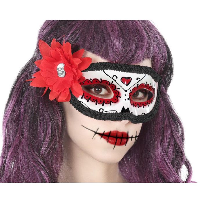 Antifaz Blanco Con Rosa Roja Y Detalles Negros Para Catrina, Día De Muertos, Halloween