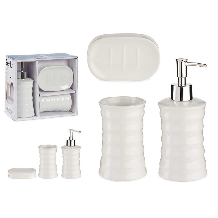 Set de Baño 3 Piezas Ondas Blanco Berilo - Cerámica y Metal Inoxidable - 19.5x8x22 cm (12 Unidades) Set de Baño 3 Piezas Ondas Blanco Berilo - Cerámica y Metal Inoxidable - 19.5x8x22 cm (12 Unidades)